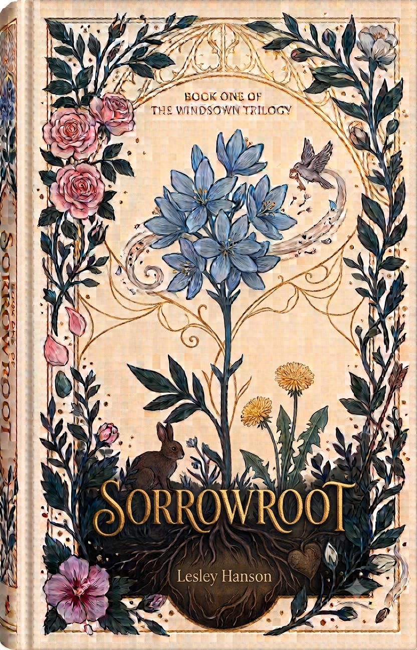 The cover of Sorrowroot: a blue sorrowroot flower rising from dark roots, framed by roses and vines, with a rabbit resting at its base.